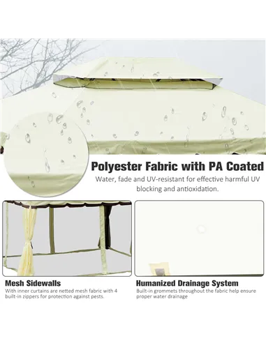 Outsunny 4 x 3 m Aluminum Garden Gazebo, Double Roof Outdoor Gazebo Canopy Shelter with Netting & Curtains for Garden, Lawn, Bac