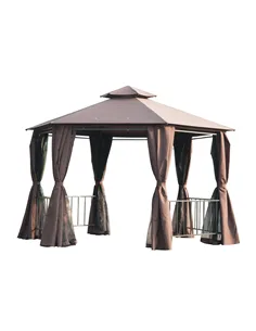 Outsunny 3 x 3(m) Hexagon Gazebo Patio Canopy Party Tent Outdoor Garden Shelter w/ 2 Tier Roof & Side Panel - Brown