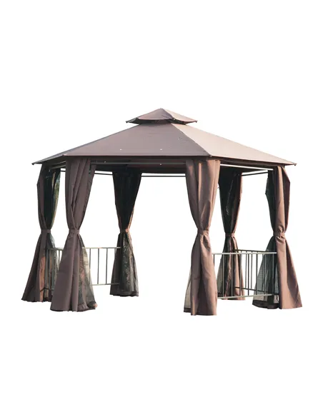 Outsunny 3 x 3(m) Hexagon Gazebo Patio Canopy Party Tent Outdoor Garden Shelter w/ 2 Tier Roof & Side Panel - Brown