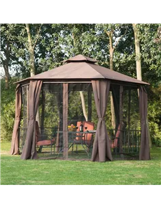 Outsunny 3 x 3(m) Hexagon Gazebo Patio Canopy Party Tent Outdoor Garden Shelter w/ 2 Tier Roof & Side Panel - Brown 2