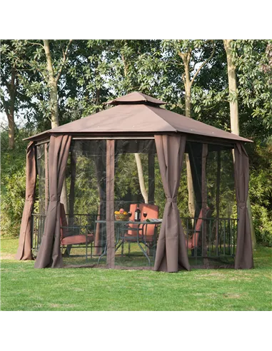 Outsunny 3 x 3(m) Hexagon Gazebo Patio Canopy Party Tent Outdoor Garden Shelter w/ 2 Tier Roof & Side Panel - Brown