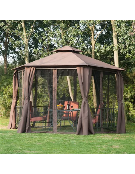 Outsunny 3 x 3(m) Hexagon Gazebo Patio Canopy Party Tent Outdoor Garden Shelter w/ 2 Tier Roof & Side Panel - Brown