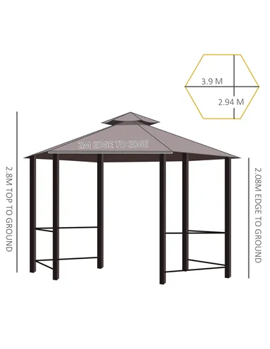 Outsunny 3 x 3(m) Hexagon Gazebo Patio Canopy Party Tent Outdoor Garden Shelter w/ 2 Tier Roof & Side Panel - Brown