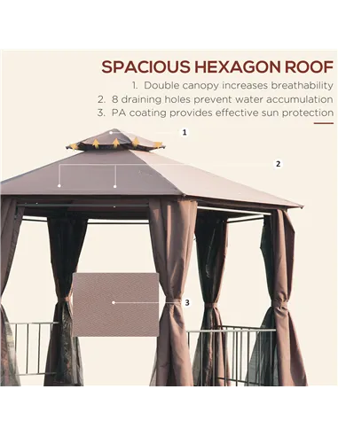 Outsunny 3 x 3(m) Hexagon Gazebo Patio Canopy Party Tent Outdoor Garden Shelter w/ 2 Tier Roof & Side Panel - Brown