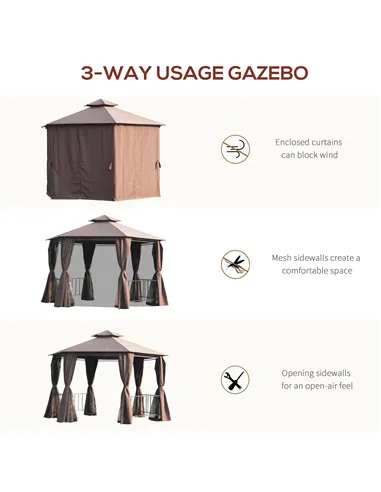 Outsunny 3 x 3(m) Hexagon Gazebo Patio Canopy Party Tent Outdoor Garden Shelter w/ 2 Tier Roof & Side Panel - Brown
