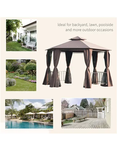 Outsunny 3 x 3(m) Hexagon Gazebo Patio Canopy Party Tent Outdoor Garden Shelter w/ 2 Tier Roof & Side Panel - Brown