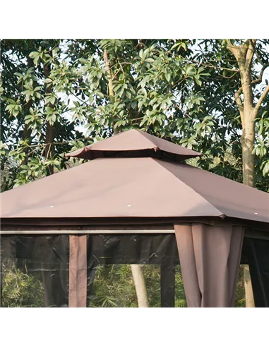 Outsunny 3 x 3(m) Hexagon Gazebo Patio Canopy Party Tent Outdoor Garden Shelter w/ 2 Tier Roof & Side Panel - Brown