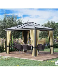 Outsunny 3 x 3.6(m) Hardtop Gazebo Canopy with Polycarbonate Roof and Aluminium Frame, Garden Pavilion with Mosquito Netting and 2