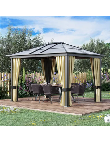 Outsunny 3 x 3.6(m) Hardtop Gazebo Canopy with Polycarbonate Roof and Aluminium Frame, Garden Pavilion with Mosquito Netting and