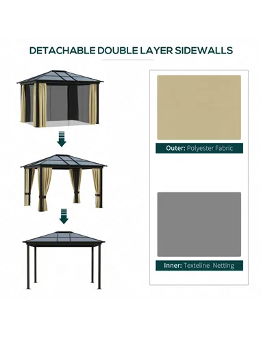 Outsunny 3 x 3.6(m) Hardtop Gazebo Canopy with Polycarbonate Roof and Aluminium Frame, Garden Pavilion with Mosquito Netting and