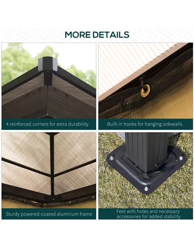 Outsunny 3 x 3.6(m) Hardtop Gazebo Canopy with Polycarbonate Roof and Aluminium Frame, Garden Pavilion with Mosquito Netting and