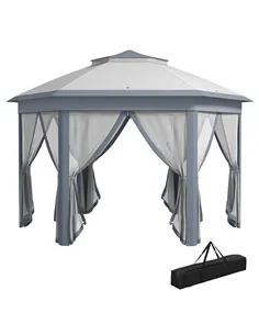 Outsunny 3 x 4m Metal Frame Hexagon Gazebo, with Curtains - Grey