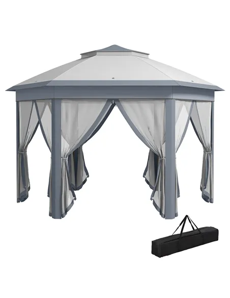 Outsunny 3 x 4m Metal Frame Hexagon Gazebo, with Curtains - Grey