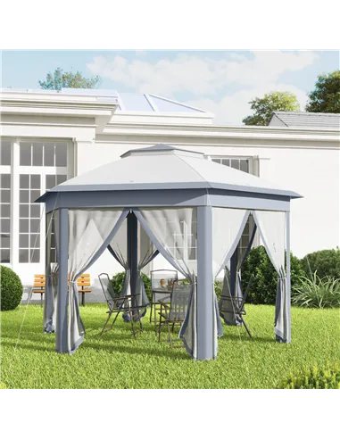 Outsunny 3 x 4m Metal Frame Hexagon Gazebo, with Curtains - Grey