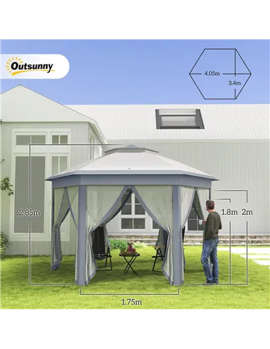 Outsunny 3 x 4m Metal Frame Hexagon Gazebo, with Curtains - Grey