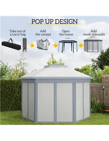 Outsunny 3 x 4m Metal Frame Hexagon Gazebo, with Curtains - Grey