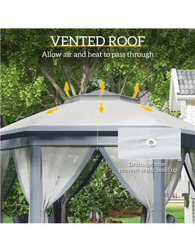 Outsunny 3 x 4m Metal Frame Hexagon Gazebo, with Curtains - Grey