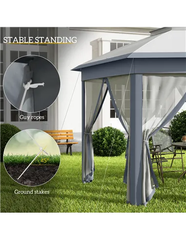 Outsunny 3 x 4m Metal Frame Hexagon Gazebo, with Curtains - Grey