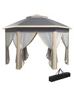 Outsunny Hexagon Pop Up Gazebo Outdoor Patio Gazebo Double Roof Instant Shelter with Netting, 3 x 4m, Khaki