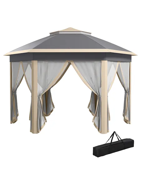 Outsunny Hexagon Pop Up Gazebo Outdoor Patio Gazebo Double Roof Instant Shelter with Netting, 3 x 4m, Khaki
