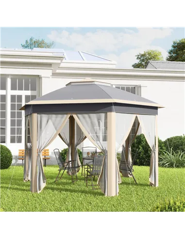 Outsunny Hexagon Pop Up Gazebo Outdoor Patio Gazebo Double Roof Instant Shelter with Netting, 3 x 4m, Khaki