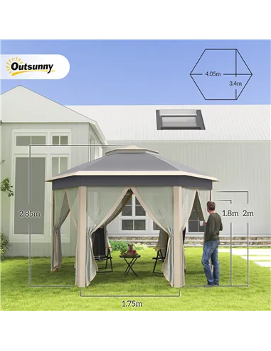 Outsunny Hexagon Pop Up Gazebo Outdoor Patio Gazebo Double Roof Instant Shelter with Netting, 3 x 4m, Khaki