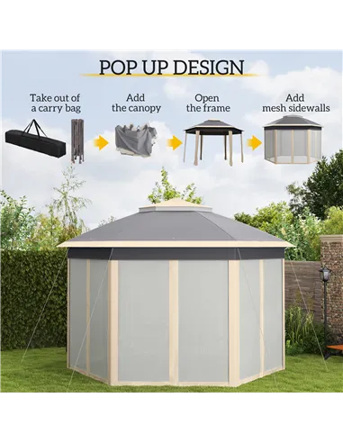 Outsunny Hexagon Pop Up Gazebo Outdoor Patio Gazebo Double Roof Instant Shelter with Netting, 3 x 4m, Khaki