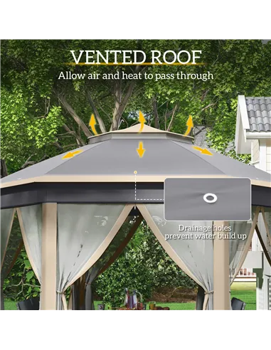 Outsunny Hexagon Pop Up Gazebo Outdoor Patio Gazebo Double Roof Instant Shelter with Netting, 3 x 4m, Khaki