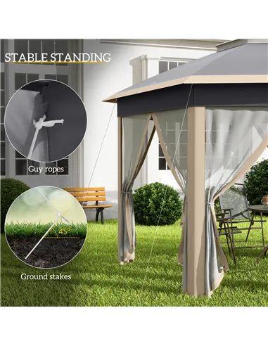Outsunny Hexagon Pop Up Gazebo Outdoor Patio Gazebo Double Roof Instant Shelter with Netting, 3 x 4m, Khaki