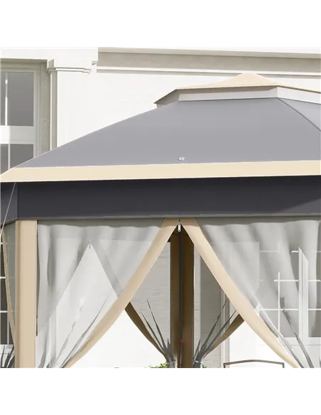 Outsunny Hexagon Pop Up Gazebo Outdoor Patio Gazebo Double Roof Instant Shelter with Netting, 3 x 4m, Khaki
