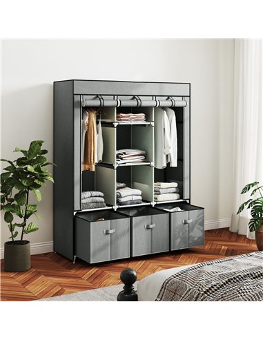 HOMCOM Fabric Wardrobe for Bedroom, Portable Wardrobe with 5 Shelves, 2 Hanging Rails and 3 Fabric Drawers, Foldable Closet, 125