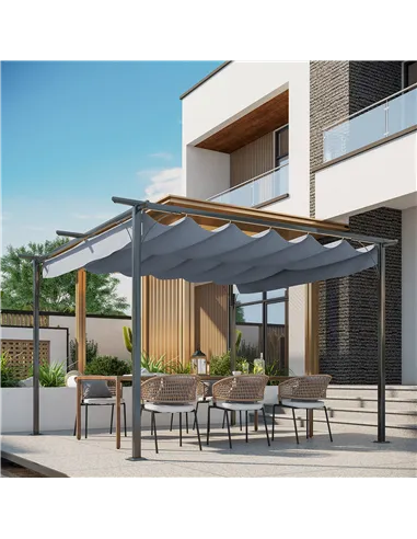 Outsunny 3.5M X 3.5M Metal Pergola Gazebo Awning Retractable Canopy Outdoor Garden Sun Shade Shelter Marquee Party BBQ, Grey