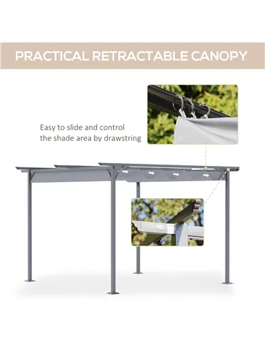 Outsunny 3.5M X 3.5M Metal Pergola Gazebo Awning Retractable Canopy Outdoor Garden Sun Shade Shelter Marquee Party BBQ, Grey