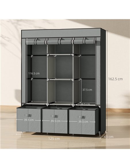 HOMCOM Fabric Wardrobe for Bedroom, Portable Wardrobe with 5 Shelves, 2 Hanging Rails and 3 Fabric Drawers, Foldable Closet, 125