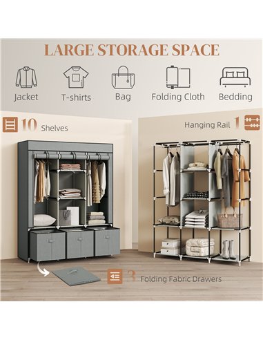 HOMCOM Fabric Wardrobe for Bedroom, Portable Wardrobe with 5 Shelves, 2 Hanging Rails and 3 Fabric Drawers, Foldable Closet, 125