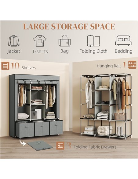 HOMCOM Fabric Wardrobe for Bedroom, Portable Wardrobe with 5 Shelves, 2 Hanging Rails and 3 Fabric Drawers, Foldable Closet, 125