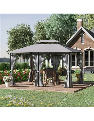 Outsunny 4m x 3(m) Metal Gazebo Canopy Party Tent Garden Pavillion Patio Shelter Pavilion with Curtains Sidewalls, Dark Grey