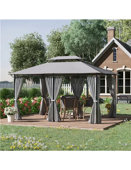 Outsunny 4m x 3(m) Metal Gazebo Canopy Party Tent Garden Pavillion Patio Shelter Pavilion with Curtains Sidewalls, Dark Grey