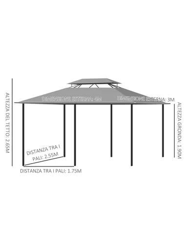 Outsunny 4m x 3(m) Metal Gazebo Canopy Party Tent Garden Pavillion Patio Shelter Pavilion with Curtains Sidewalls, Dark Grey