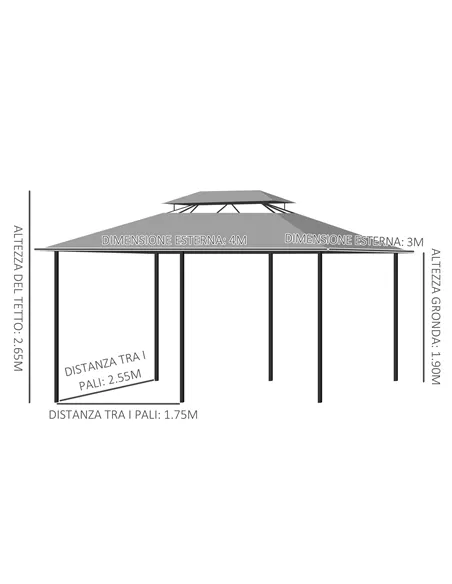 Outsunny 4m x 3(m) Metal Gazebo Canopy Party Tent Garden Pavillion Patio Shelter Pavilion with Curtains Sidewalls, Dark Grey