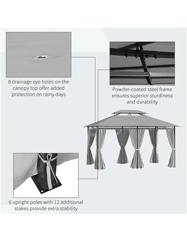 Outsunny 4m x 3(m) Metal Gazebo Canopy Party Tent Garden Pavillion Patio Shelter Pavilion with Curtains Sidewalls, Dark Grey