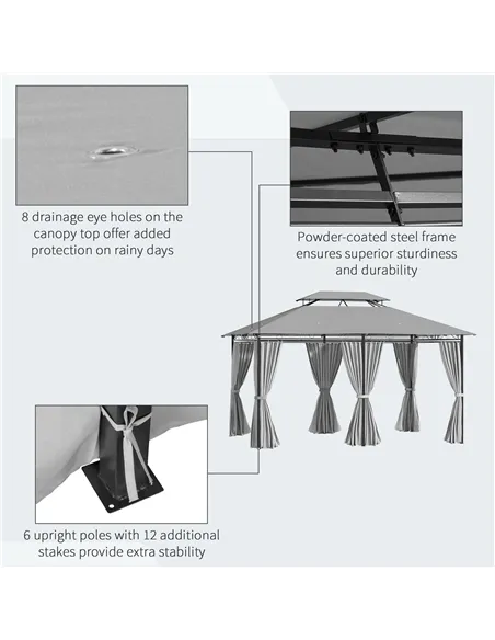 Outsunny 4m x 3(m) Metal Gazebo Canopy Party Tent Garden Pavillion Patio Shelter Pavilion with Curtains Sidewalls, Dark Grey