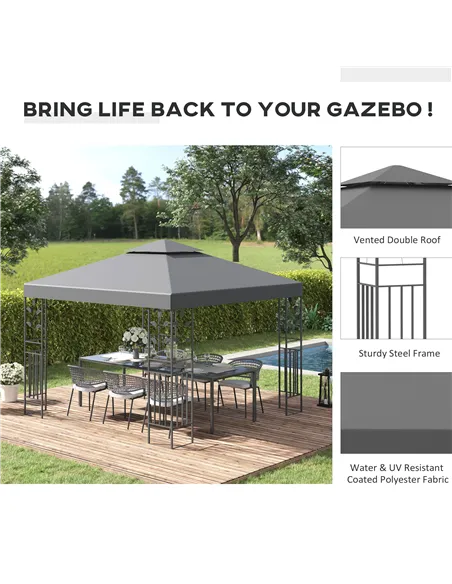 Outsunny 3 x 3m Outdoor Steel Gazebo with 2 Tier Roof, Garden Gazebo Patio Canopy Marquee Shelter with Decorative Steel Frame - 