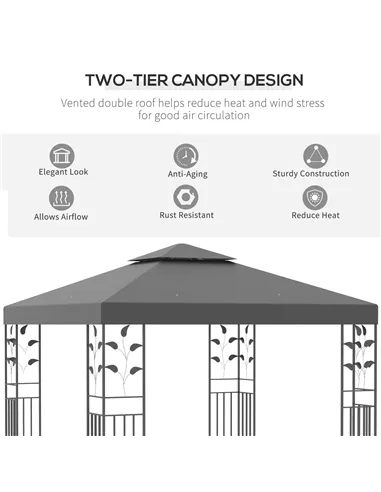 Outsunny 3 x 3m Outdoor Steel Gazebo with 2 Tier Roof, Garden Gazebo Patio Canopy Marquee Shelter with Decorative Steel Frame - 