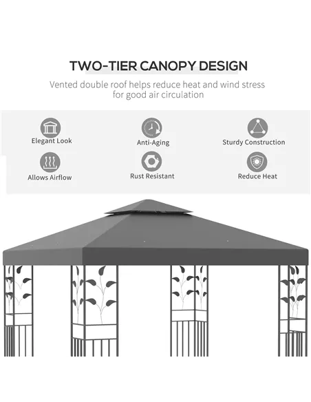 Outsunny 3 x 3m Outdoor Steel Gazebo with 2 Tier Roof, Garden Gazebo Patio Canopy Marquee Shelter with Decorative Steel Frame - 