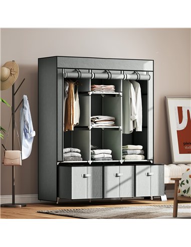 HOMCOM Fabric Wardrobe for Bedroom, Portable Wardrobe with 5 Shelves, 2 Hanging Rails and 3 Fabric Drawers, Foldable Closet, 125