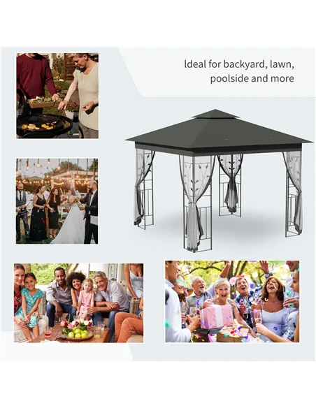 Outsunny 3 x 3(m) Steel Frame Double Roof Garden Gazebo - Grey