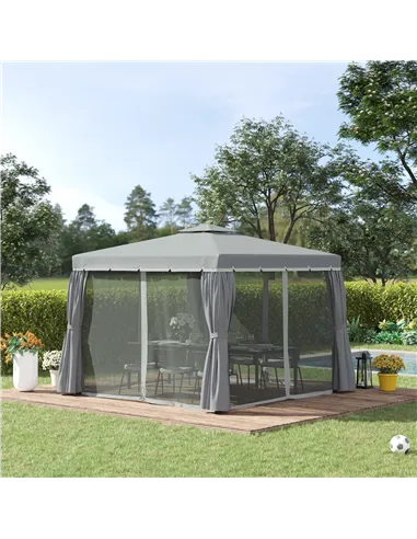 Outsunny 3 x 3(m) Patio Gazebo Canopy Garden Pavilion Tent Shelter Marquee with 2 Tier Water Repellent Roof, Mosquito Netting an
