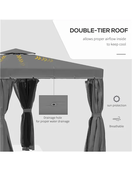 Outsunny 3 x 3(m) Patio Gazebo Canopy Garden Pavilion Tent Shelter Marquee with 2 Tier Water Repellent Roof, Mosquito Netting an