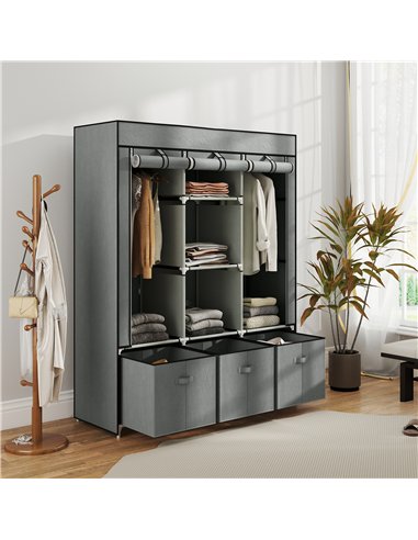 HOMCOM Fabric Wardrobe for Bedroom, Portable Wardrobe with 5 Shelves, 2 Hanging Rails and 3 Fabric Drawers, Foldable Closet, 125